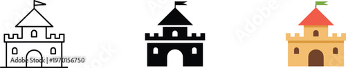 Castle icons in color, outline, and silhouette design, featuring towers, battlements, and flags, symbolizing fortress, medieval architecture, fantasy, and security concepts.