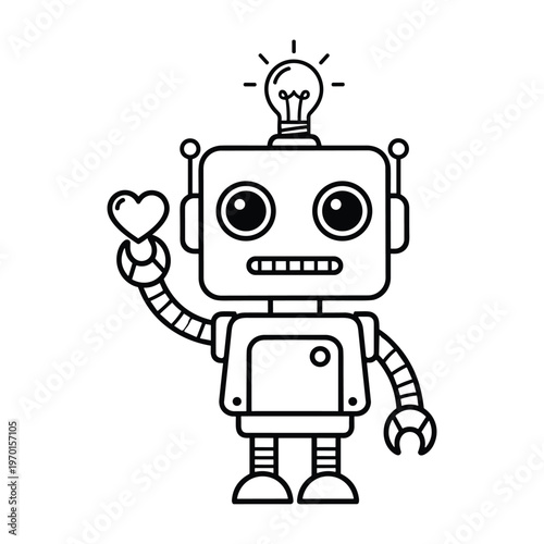 Cute robot illustration holding a heart with a glowing lightbulb idea above its head.