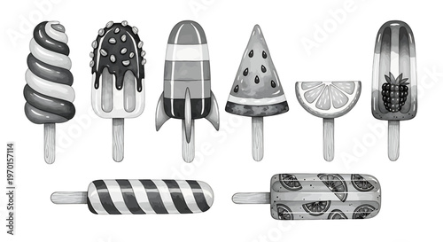 Black and white illustrations of various decorated ice cream popsicles popsicle frozen treat dessert illustration