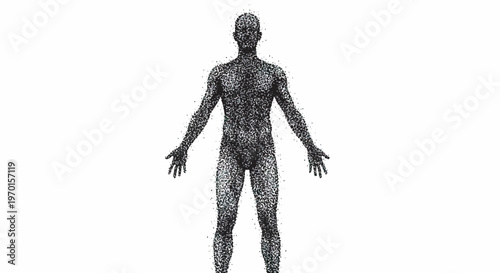 full body human silhouettes made of small dots and particles anatomy inspired front standing pose