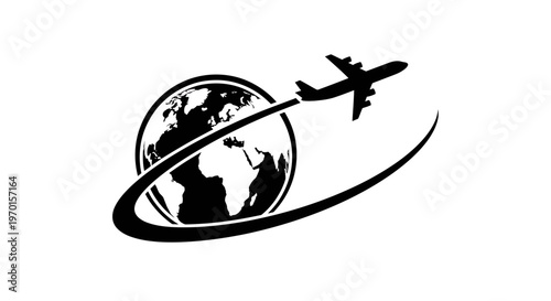 Foto Black silhouette of airplane flying around the Earth globe on white background p