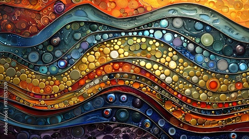 Stunning abstract design featuring flowing bands filled with an abundance of iridescent, multicolored, textured, circular elements and organic patterns.