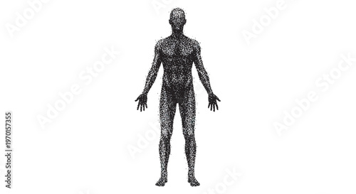full body human silhouettes made of small dots and particles