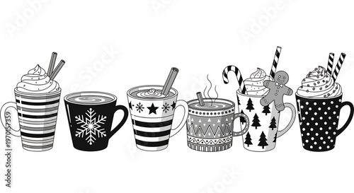 Black and white festive holiday hot chocolate and coffee mugs with whipped cream and toppings