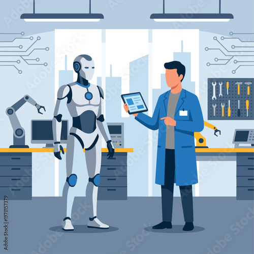 Flat vector of a humanoid robot standing next to a technician holding a tablet, solid colors, modern robotics lab environment.