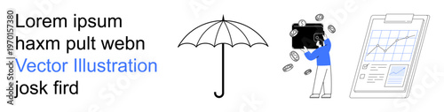 Financial security, wealth management, data analysis, investment strategies, business growth, protection. Umbrella, man with floating coins clipboard with chart. Financial protection and investment