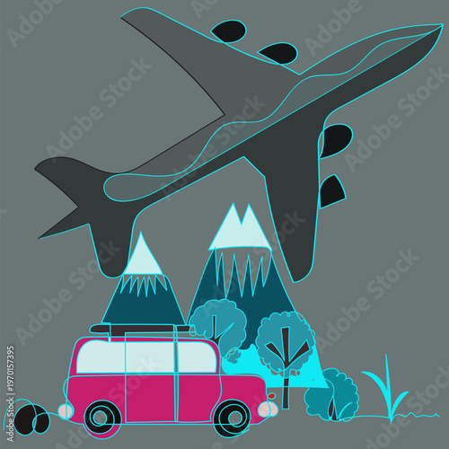 Flat illustration of eco travel concept featuring a car driving through mountain landscape with trees and nature elements. Modern minimal design suitable for sustainability, tourism, and outdoor theme