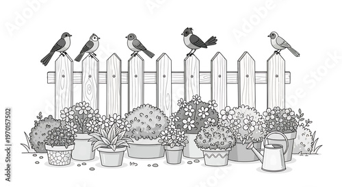 Birds perched on a garden fence surrounded by potted plants and flowers watering can black