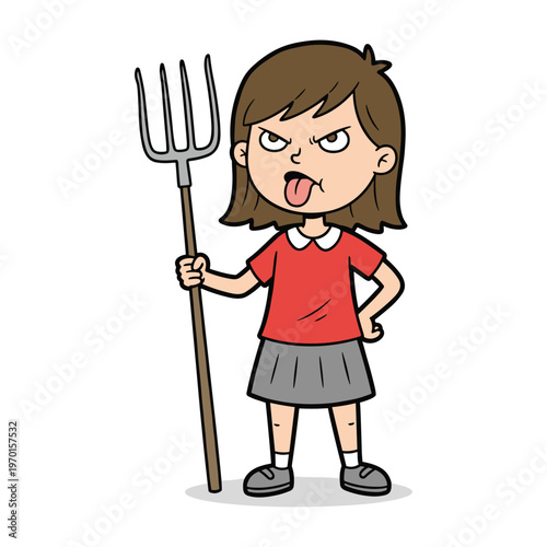 Cartoon illustration of an angry young girl sticking her tongue out while holding a pitchfork