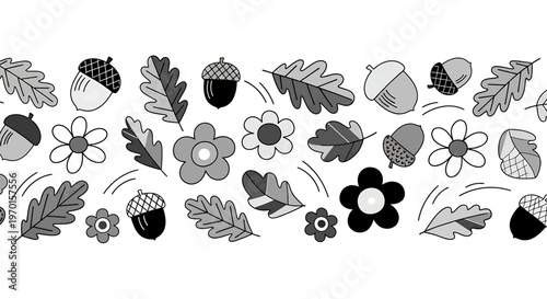 Seamless pattern of acorns and oak leaves, autumn flowers, flat design vector illustration