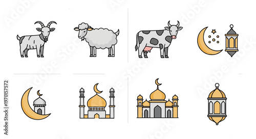 Simple vector icon set of meat and farm animal products in a cute cartoon style