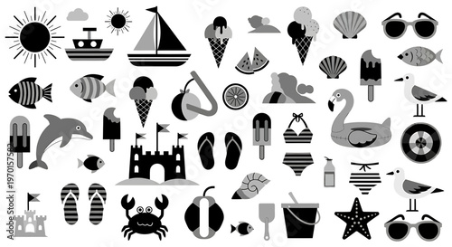 Black and white beach icons and objects on white background summer vacation sea ocean sun
