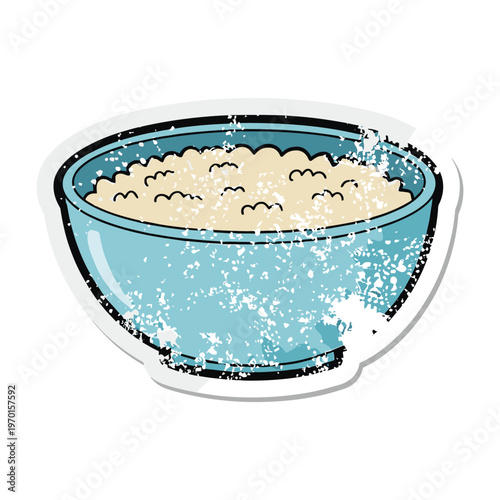 Distressed sticker of a cartoon bowl of porridge filled with steaming hot breakfast cereal