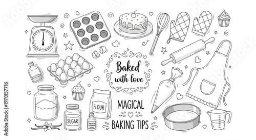 A charming, hand-drawn vector illustration featuring a collection of baking essentials like eggs, flour, sugar, a scale, rolling pin, and cake decorations. This graphic is perfect for lifestyle, cooki