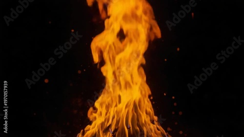 Intense bright orange fire flames with glowing embers and sparks rising against a black background
