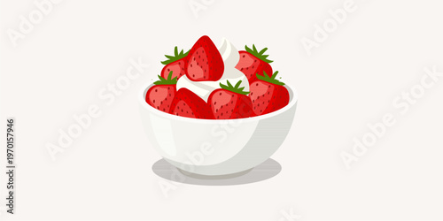 Fresh Strawberries with Whipped Cream in a White Bowl Illustration.