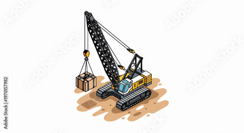 Isometric Crawler Crane Lifting Heavy Cargo Box Illustration - Industrial Construction Machinery Vector