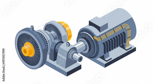 Isometric Industrial Electric Motor and Centrifugal Pump Assembly 3D Illustration on White Background