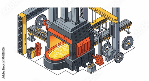 Isometric Industrial Factory Illustration with Smelting Furnace and Conveyor Belts for Heavy Manufacturing and Metallurgy