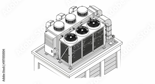 Isometric Line Art of Industrial HVAC Rooftop Units and Air Conditioning System