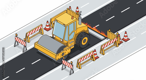 Isometric Yellow Road Roller Paving Hot Asphalt on Highway, Construction Site Illustration with Safety Barriers and Traffic Cones