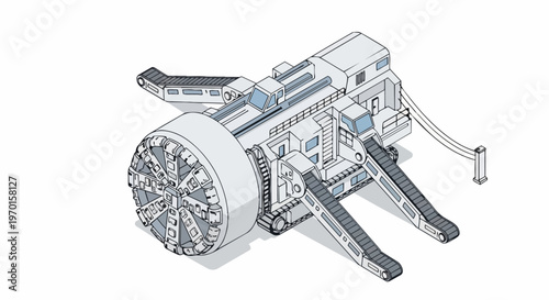 Isometric Tunnel Boring Machine Illustration - Heavy Construction Equipment for Underground Engineering and Mining Projects