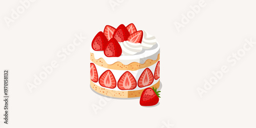 Delicious Strawberry Shortcake Illustration with Fresh Slices and Whipped Cream.