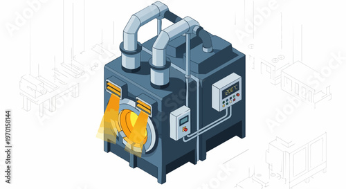 Isometric Illustration of an Industrial Smelting Furnace and High-Temperature Blast Kiln for Metallurgy and Metal Casting Processes