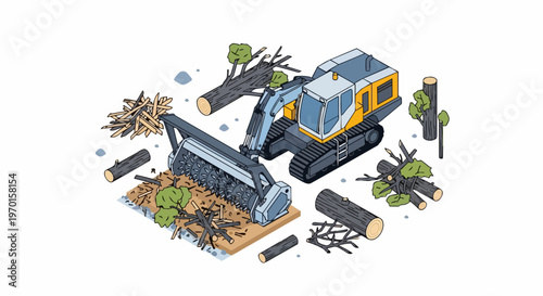 Isometric Illustration of a Forestry Mulcher Machine Clearing Land and Processing Wood Logs
