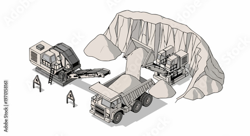 Isometric Illustration of Heavy Mining Machinery, Haul Truck, and Mobile Crusher in an Open Pit Quarry