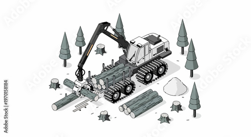 Isometric Forestry Forwarder Machine Loading Wood Logs in a Forest. Heavy Duty Logging Equipment for Timber Industry and Wood Harvesting.