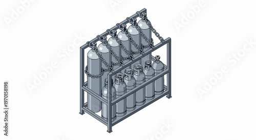 Isometric 3D Illustration of Industrial Gas Cylinders in a Metal Storage Rack with Safety Chains