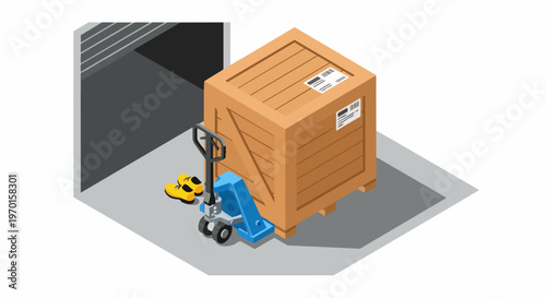 Isometric 3D Illustration of Logistics and Supply Chain Concept with Manual Pallet Jack, Large Wooden Shipping Crate, and Warehouse Loading Dock