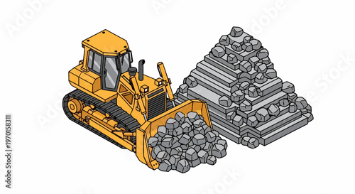 Yellow Bulldozer Moving Pile of Rocks Isometric Illustration - Heavy Duty Earthmoving Equipment for Construction and Mining Industry Isolated on White