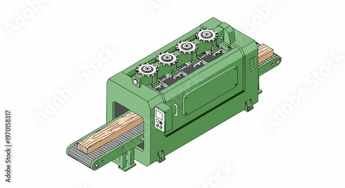 Isometric Illustration of an Industrial Woodworking Machine Sawmill for Timber Processing with Conveyor Belt and Circular Saw Blades on White Background