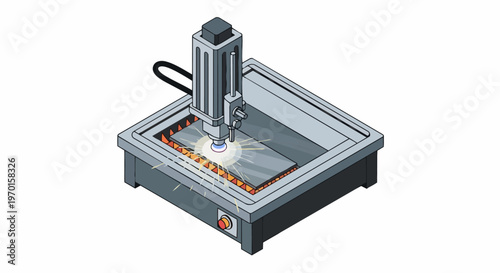 Industrial CNC Laser Cutting Machine Isometric Illustration, Automated Metal Fabrication Tool with Sparks on White Background