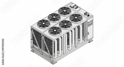 Isometric Industrial HVAC Chiller Unit Line Art - Technical Illustration of Outdoor Air Conditioning Condenser with Cooling Fans and Heat Exchanger Coils