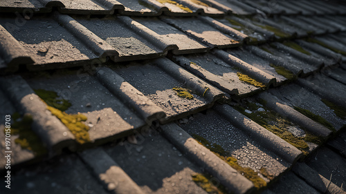 Close-up of weathered roof tiles with moss and lichen