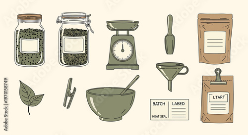 Tea collection illustration jars bags cups and accessories isolated on transparent background