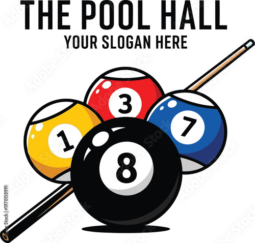 Logo design for the pool hall featuring a set of colorful billiard balls and a cue stick
