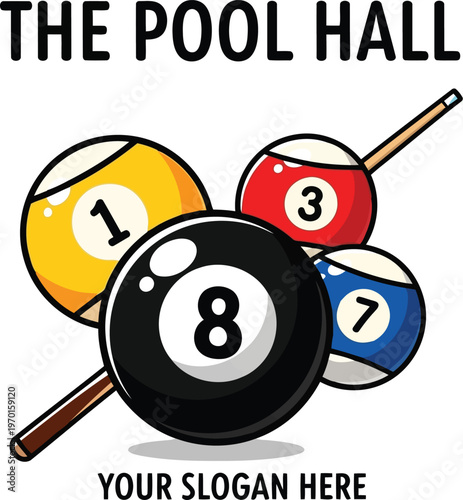 The pool hall logo features a collection of colorful billiard balls and a cue stick on white background.