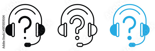 Customer service headset icons with question marks in black and blue for support and help concepts