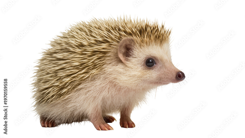 Naklejka premium Cute baby hedgehog standing displaying brown fur tiny paws, and a pointed snout
