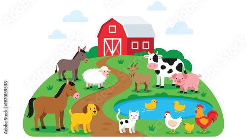 Cartoon farm scene with domestic animals and barn on green hill vector.