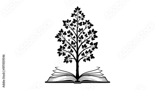 Detailed deciduous tree silhouette growing from open book elegant black vector illustration for literature and nature theme