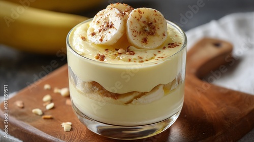 A creamy banana custard layered in clear dessert cup