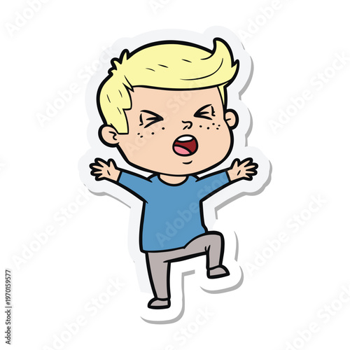 Cartoon illustration of a stressed blonde boy with freckles complaining with his hands up.