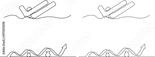 Illustrations of aircraft landing gear deployment and wave patterns on water surface Vector