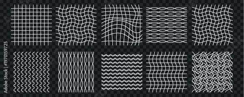 An optical illusion featuring three distorted grid patterns against a dark textured background showcasing visual perception