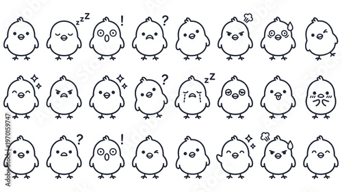 Set of cute baby chick emoticons with various facial expressions vector.
